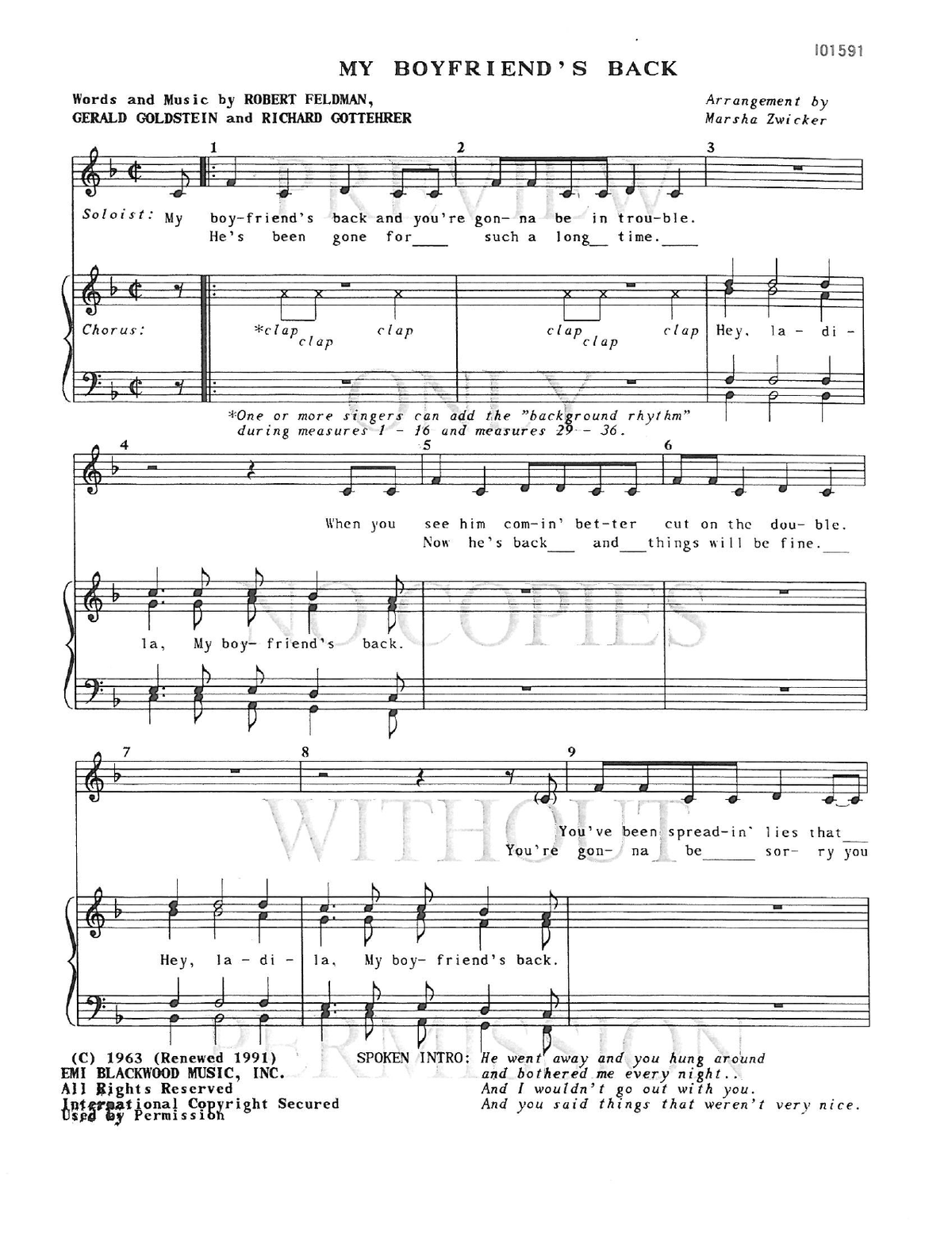 My Boyfriend's Back — sheet music preview, arranged by Marsha Zwicker