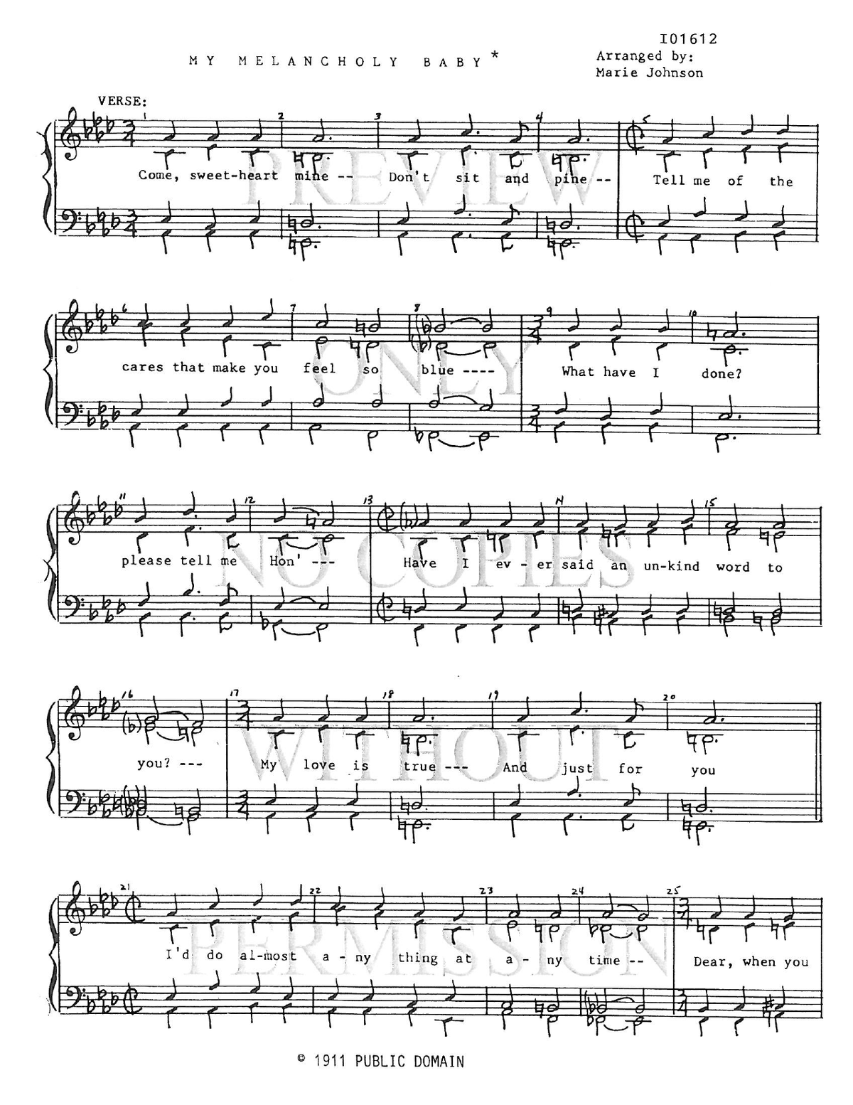 My Melancholy Baby — sheet music preview, arranged by Marie Johnson