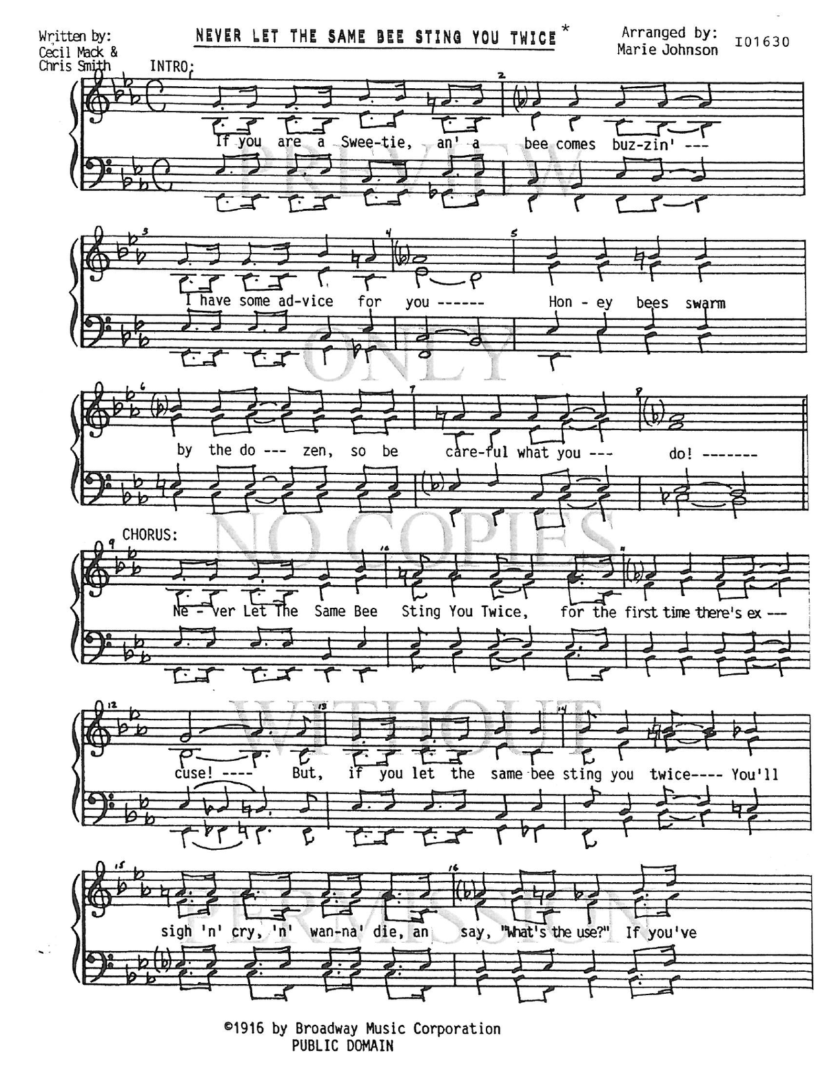 Never Let The Same Bee — sheet music preview, arranged by Marie Johnson