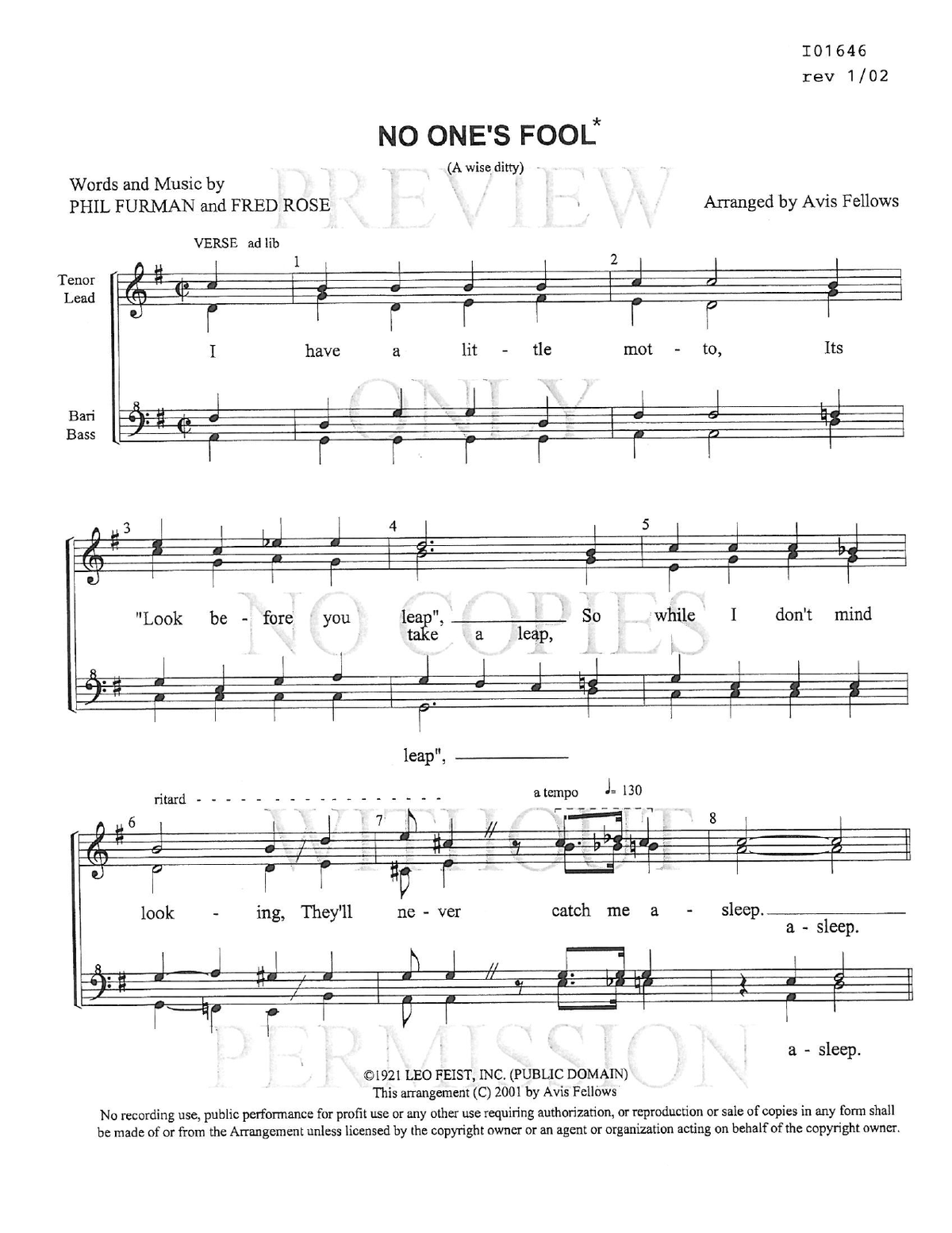 No One's Fool — sheet music preview, arranged by Avis Fellows