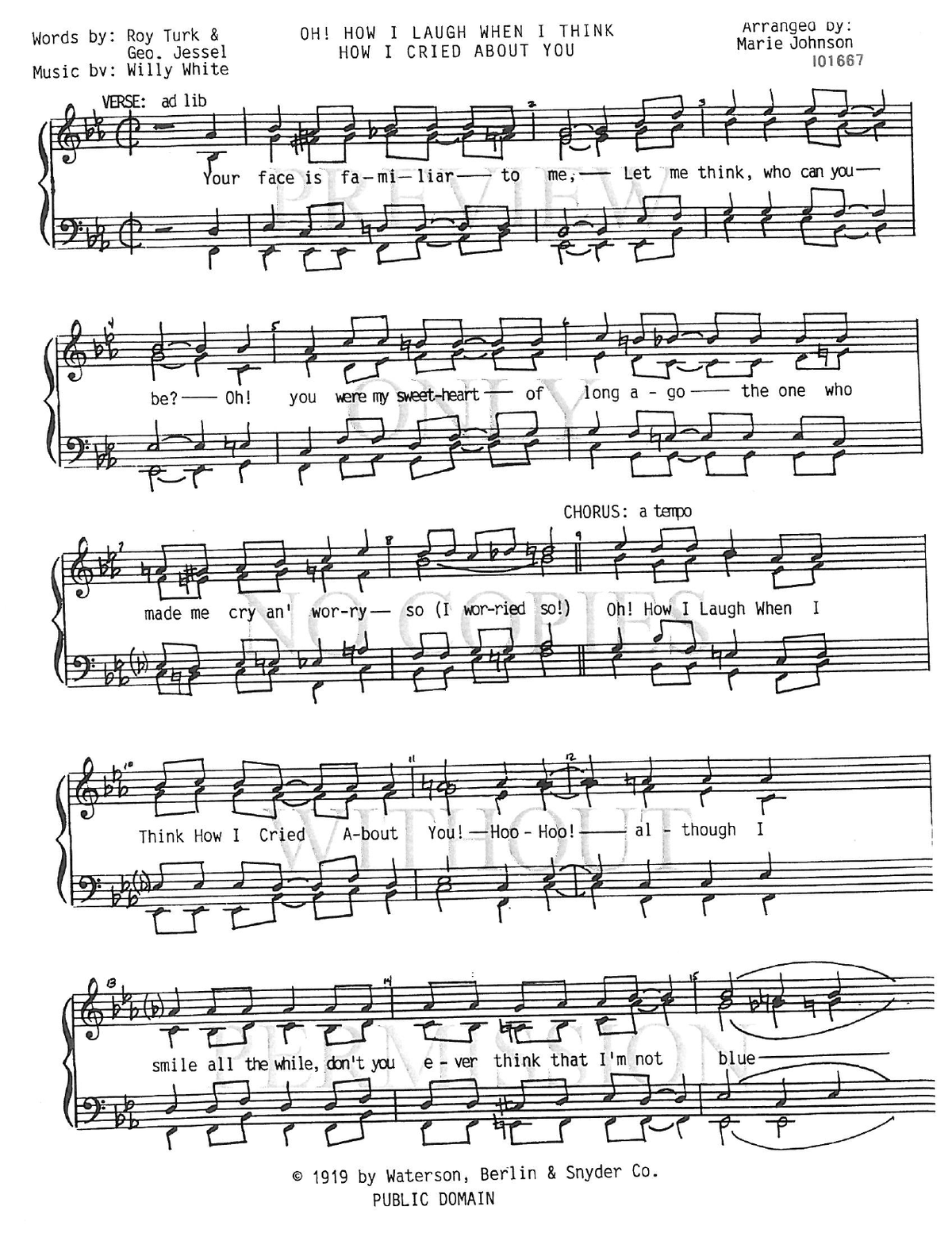 Oh! How I Laugh When I Think How I Cried About You — sheet music preview, arranged by Marie Johnson