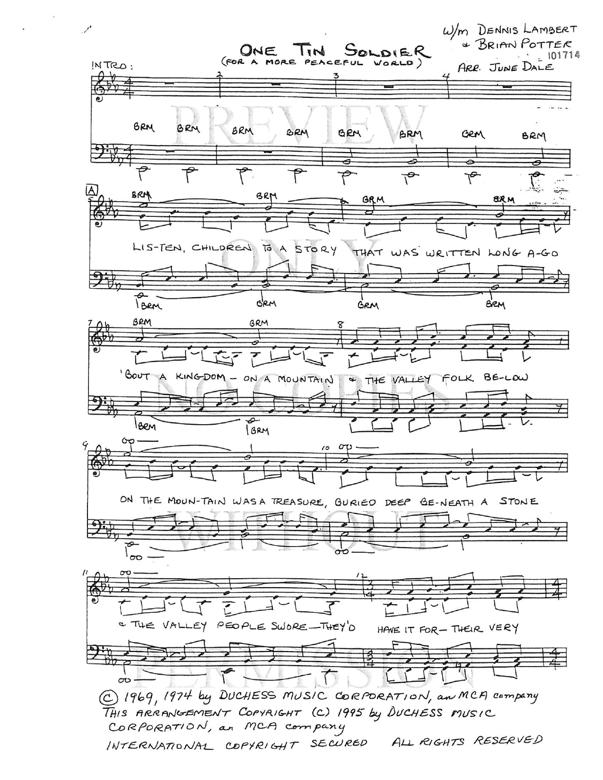 One Tin Soldier — sheet music preview, arranged by June Dale