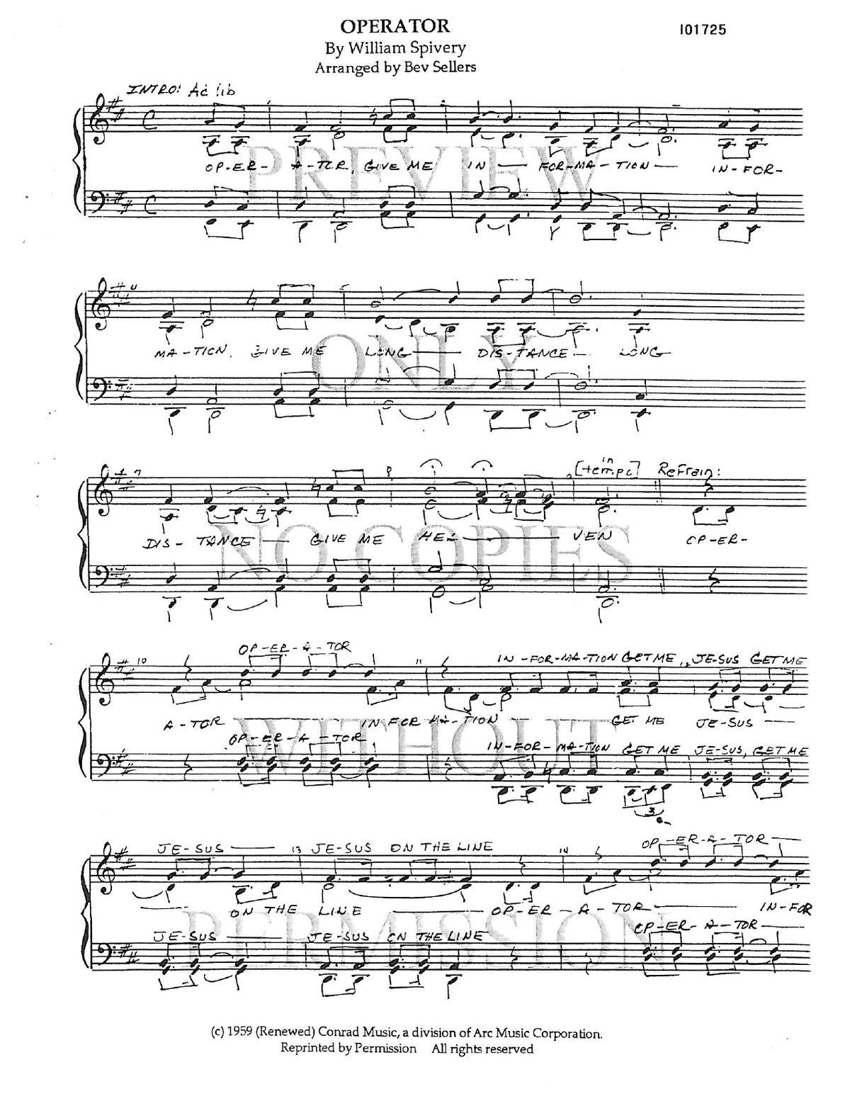 Operator — sheet music preview, arranged by Bev Sellers