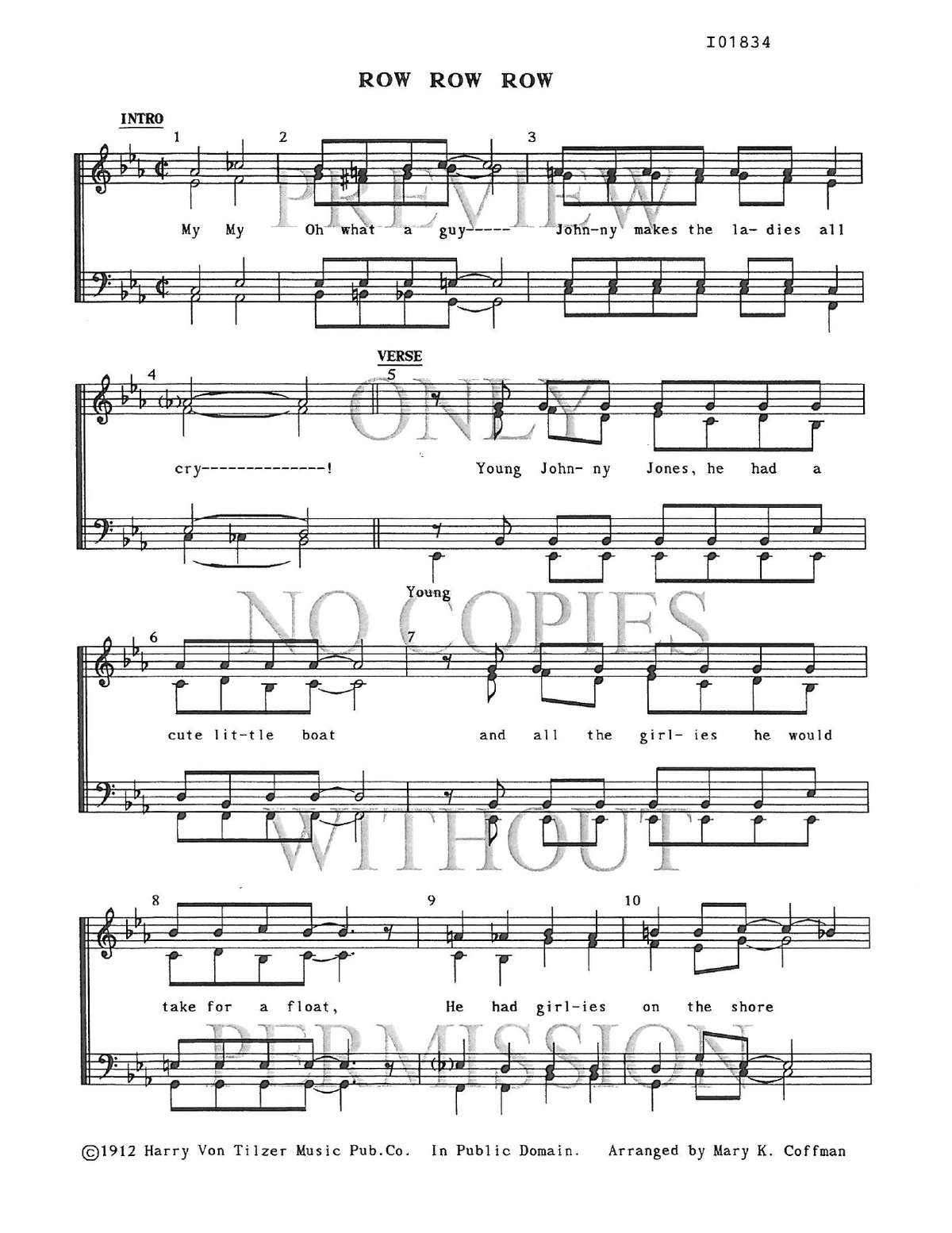 Row, Row, Row — sheet music preview, arranged by Mary K. Coffman