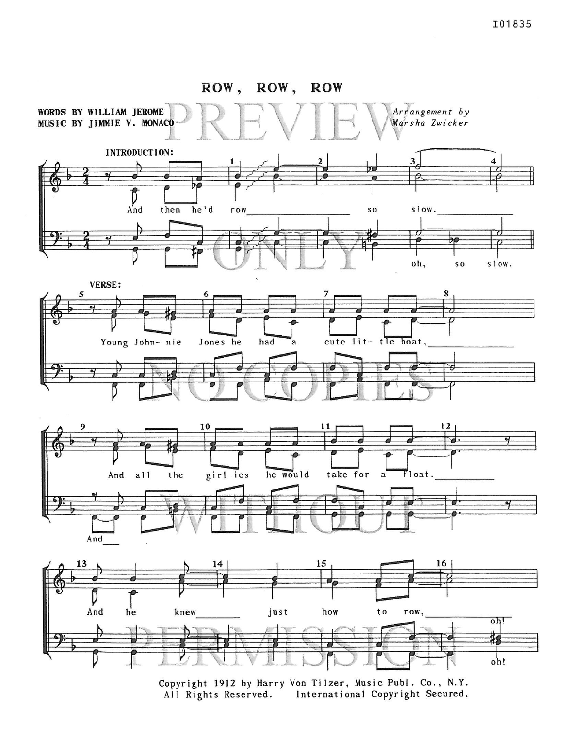 Row, Row, Row — sheet music preview, arranged by Marsha Zwicker