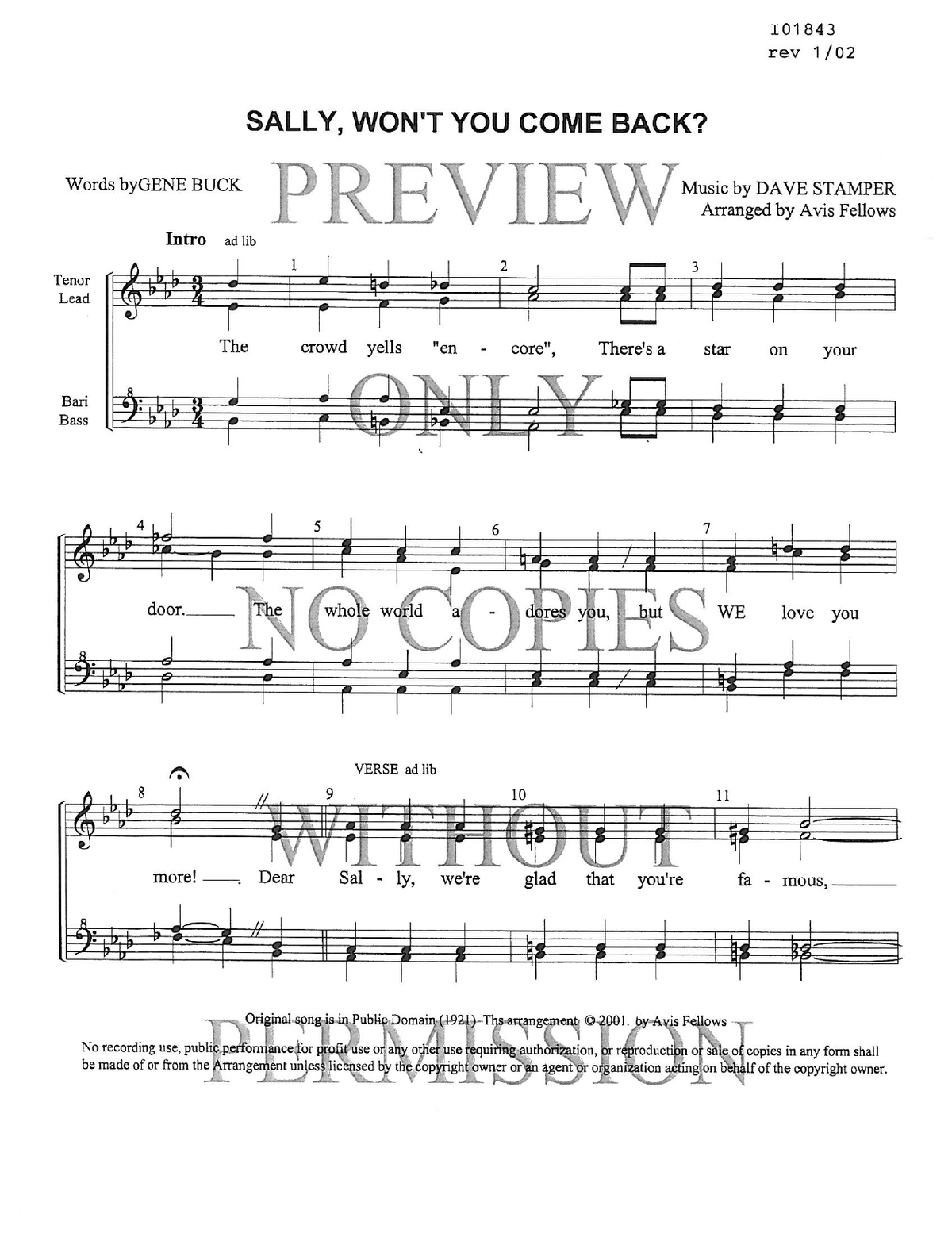 Sally Won't You Come Back? — sheet music preview, arranged by Avis Fellows