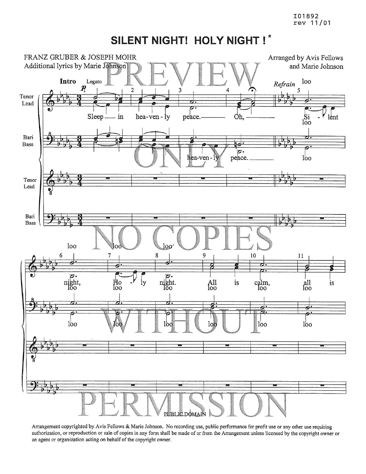 Silent Night! Holy Night! — sheet music preview, arranged by Avis Fellows