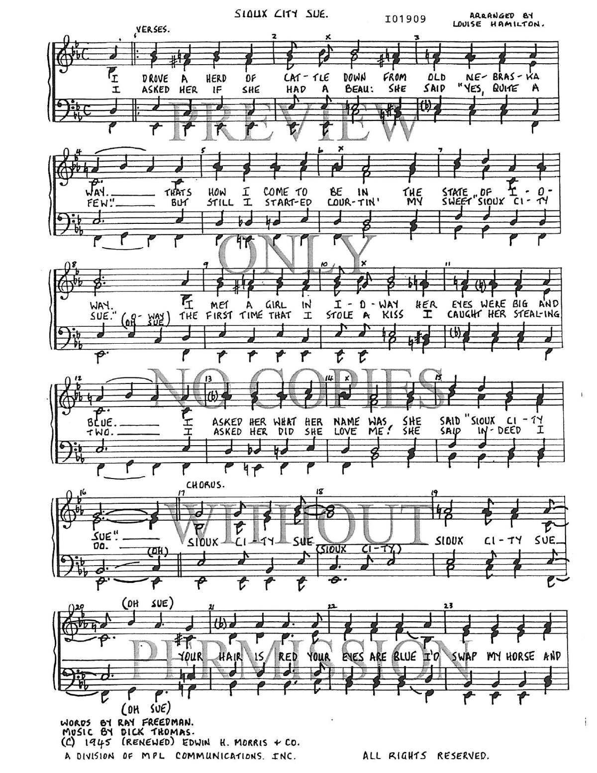 Sioux City Sue — sheet music preview, arranged by Louise Hamilton