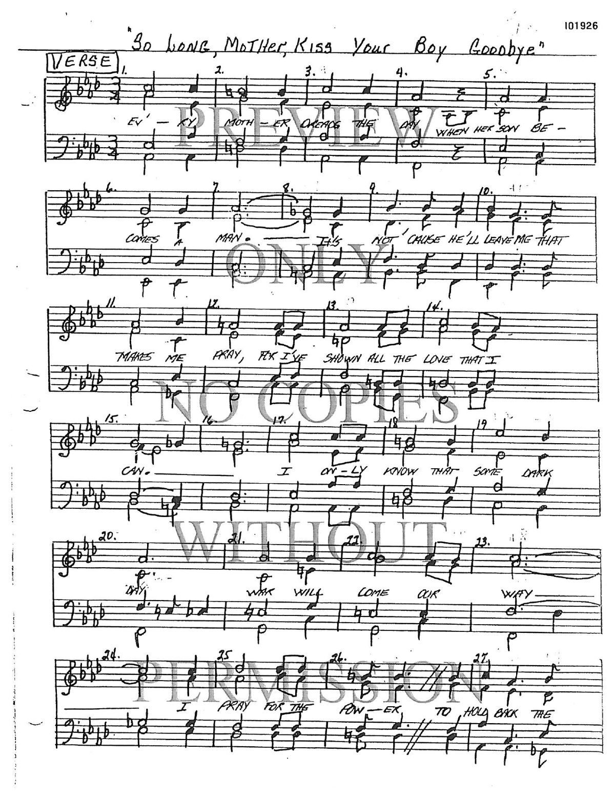 So Long, Mother, Kiss Your Boy Goodbye — sheet music preview, arranged by Mike Senter