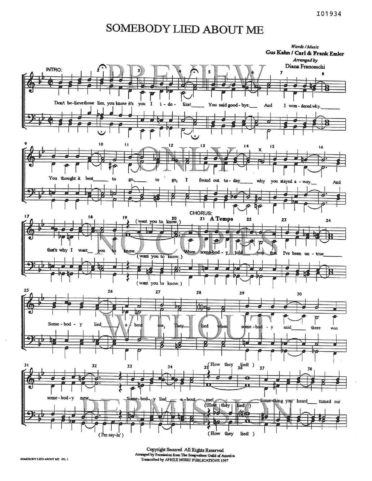 Somebody Lied About Me — sheet music preview, arranged by Diana Franceschi