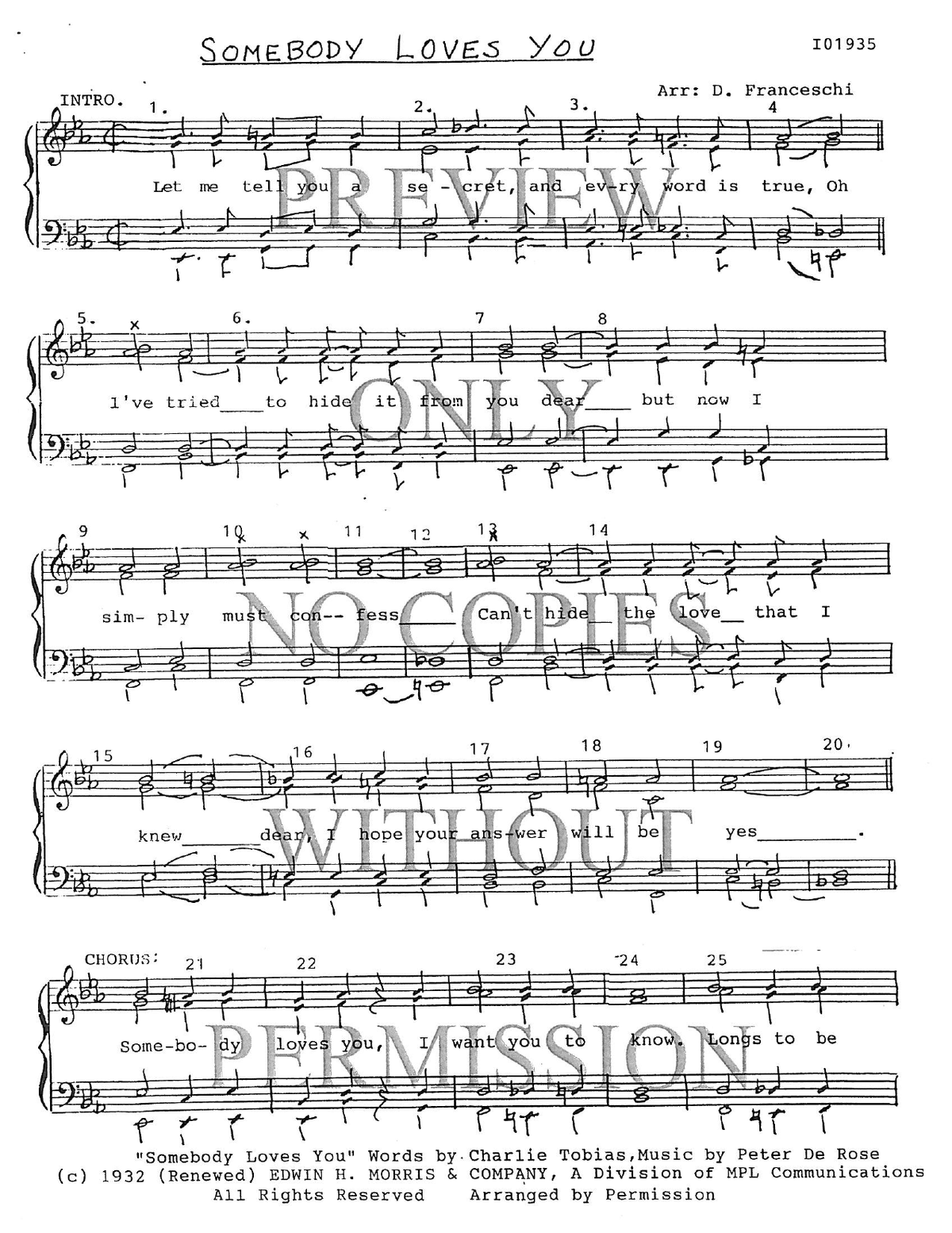 Somebody Loves You — sheet music preview, arranged by Diana Franceschi