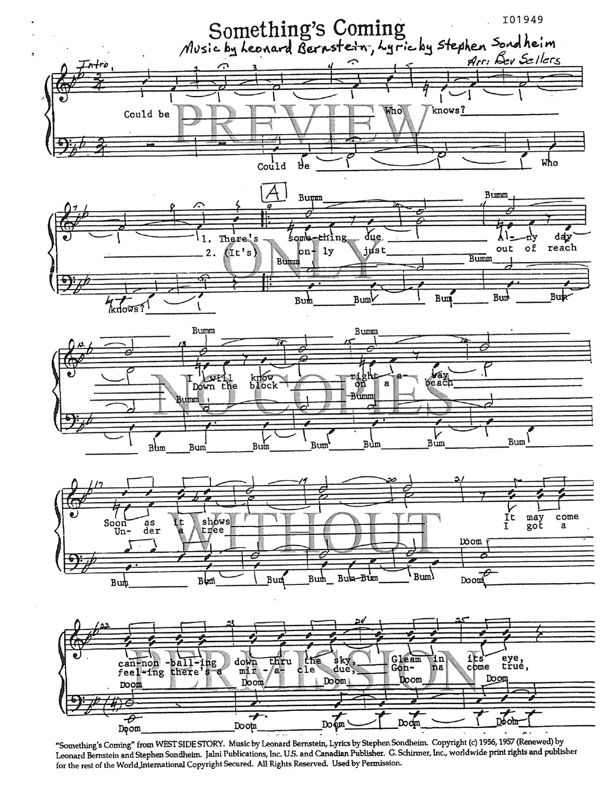Something's Coming — sheet music preview, arranged by Bev Sellers