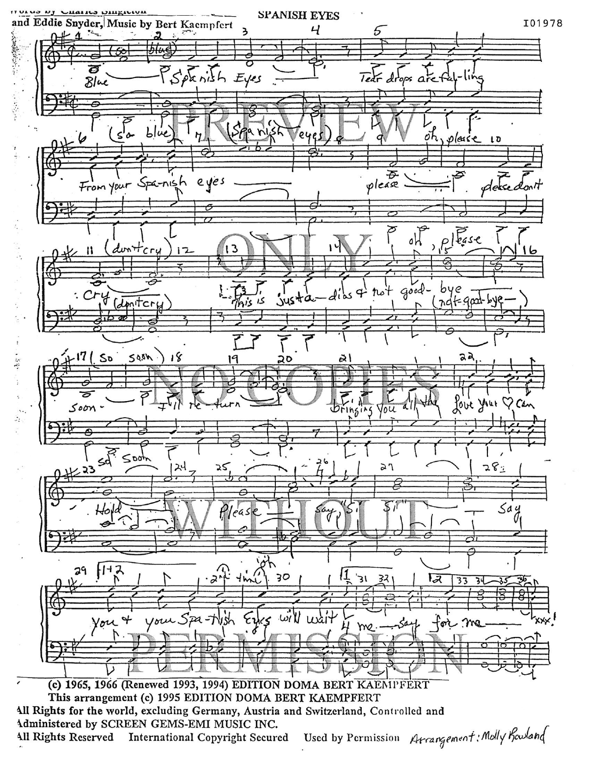 Spanish Eyes — sheet music preview, arranged by Molly Rowland