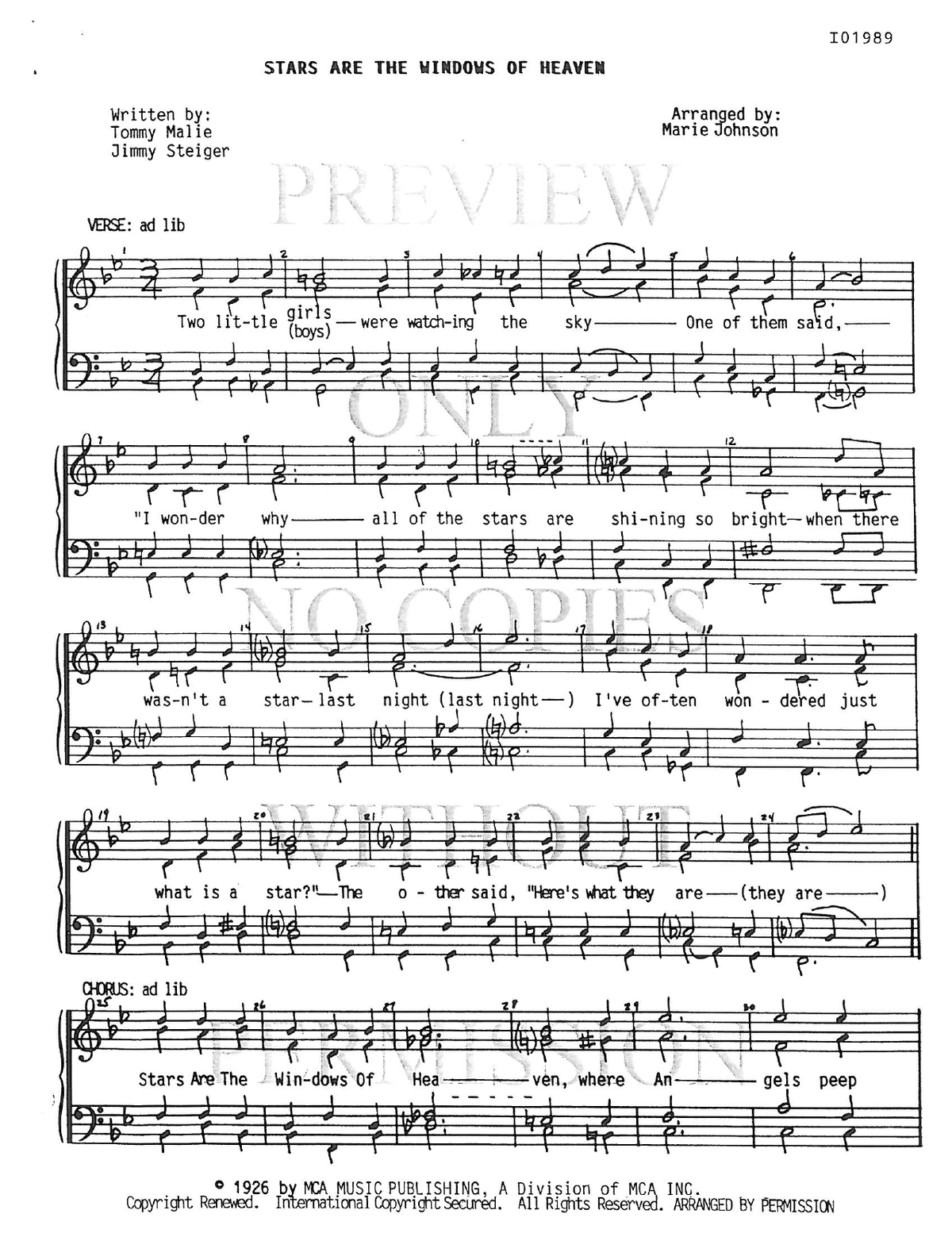 Stars Are The Windows Of Heaven — sheet music preview, arranged by Marie Johnson