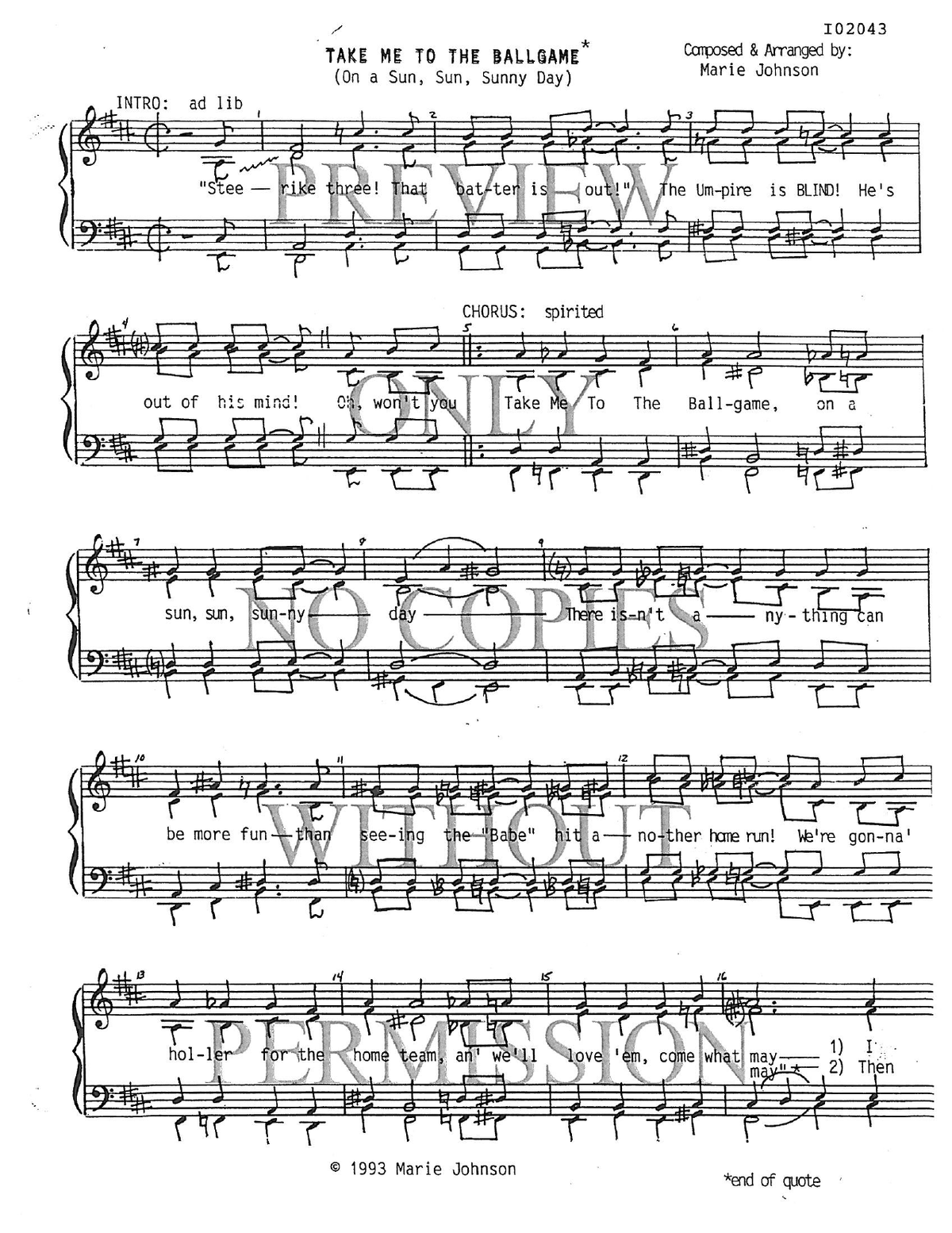 Take Me To The Ballgame — sheet music preview, arranged by Marie Johnson
