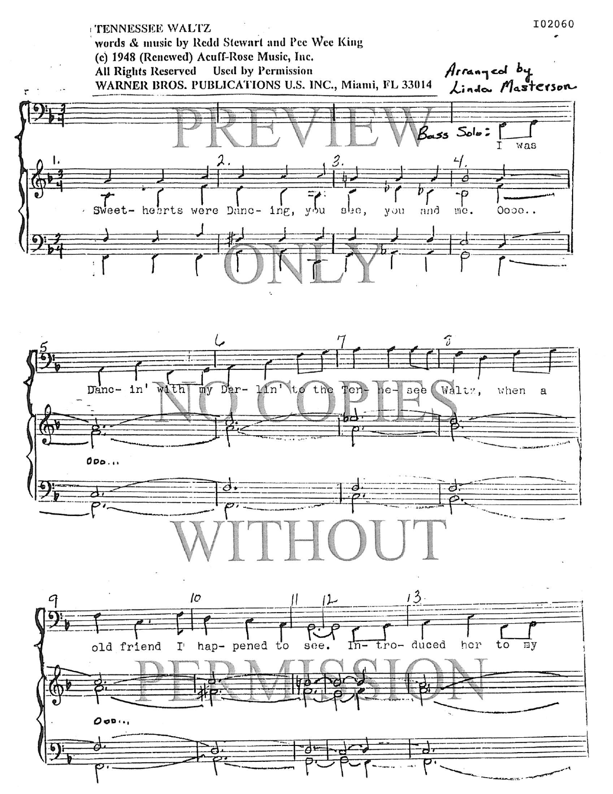 Tennessee Waltz - (Bass Solo) — sheet music preview, arranged by Linda Masterson