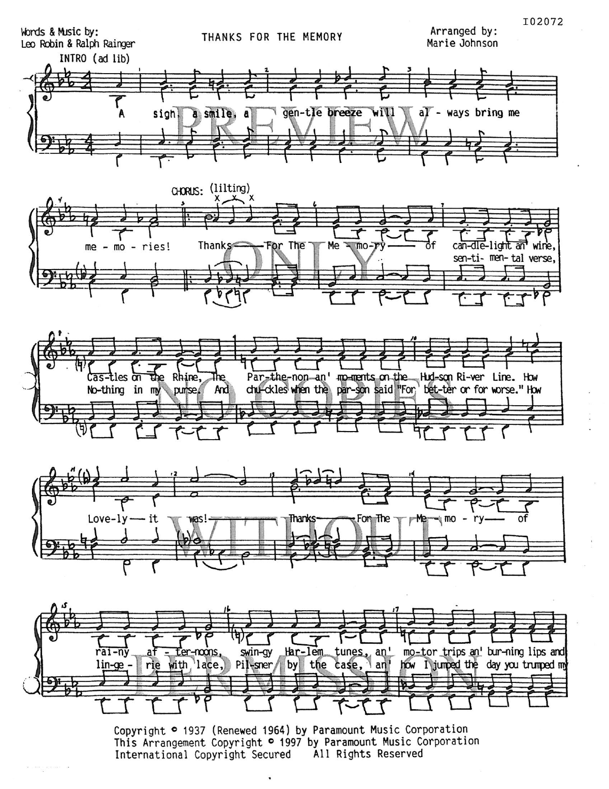 Thanks For The Memory — sheet music preview, arranged by Marie Johnson