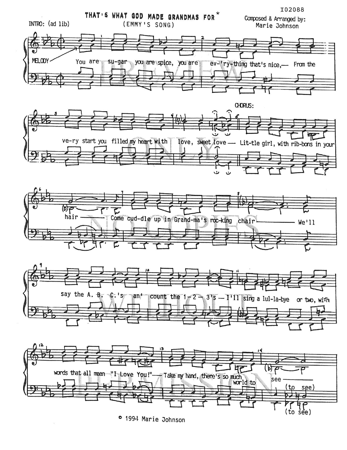 That's What God Made Grandmas For — sheet music preview, arranged by Marie Johnson