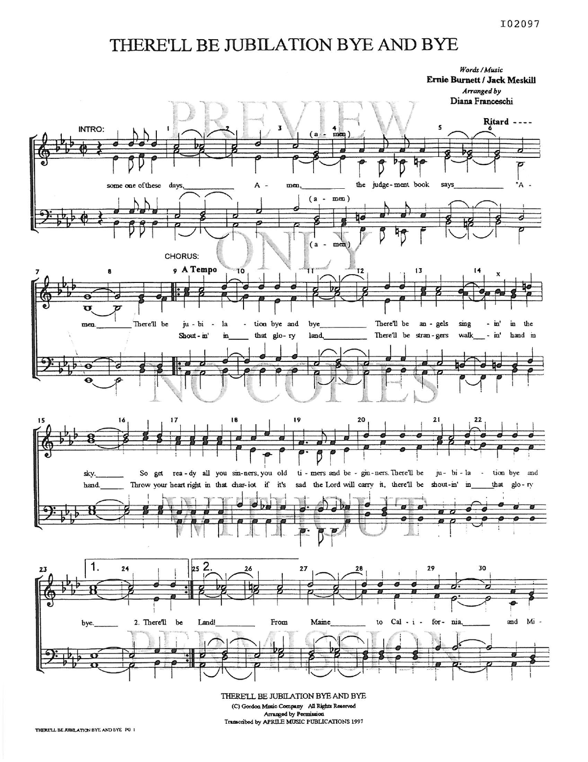 There'll Be Jubilation Bye And Bye — sheet music preview, arranged by Diana Franceschi