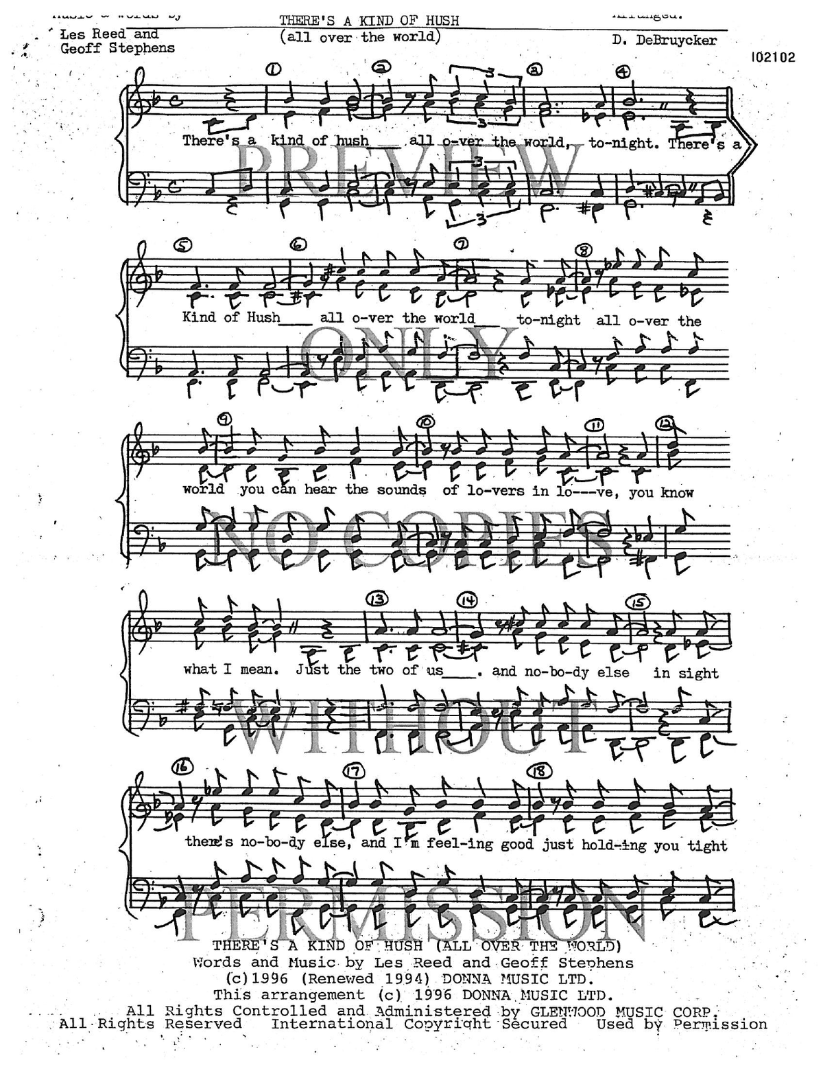 There's A Kind Of Hush (All Over The World) — sheet music preview, arranged by Diana DeBruycker