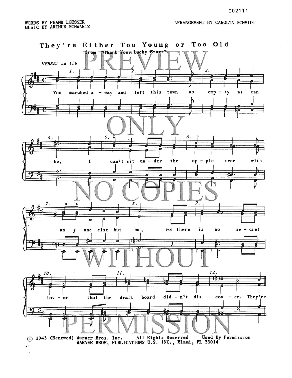 They're Either Too Young Or Too Old — sheet music preview, arranged by Carolyn Schmidt