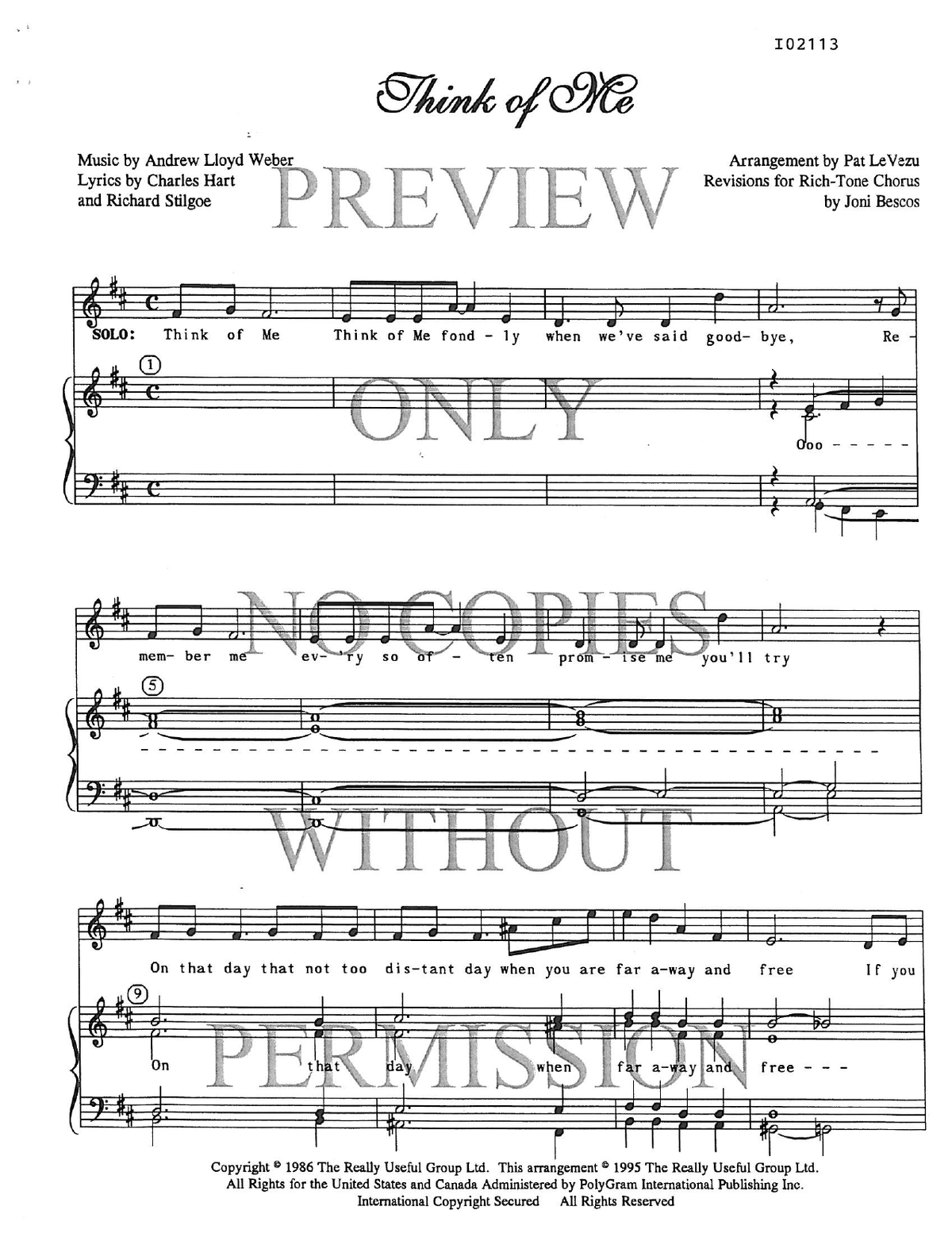 Think Of Me — sheet music preview, arranged by Pat LeVezu