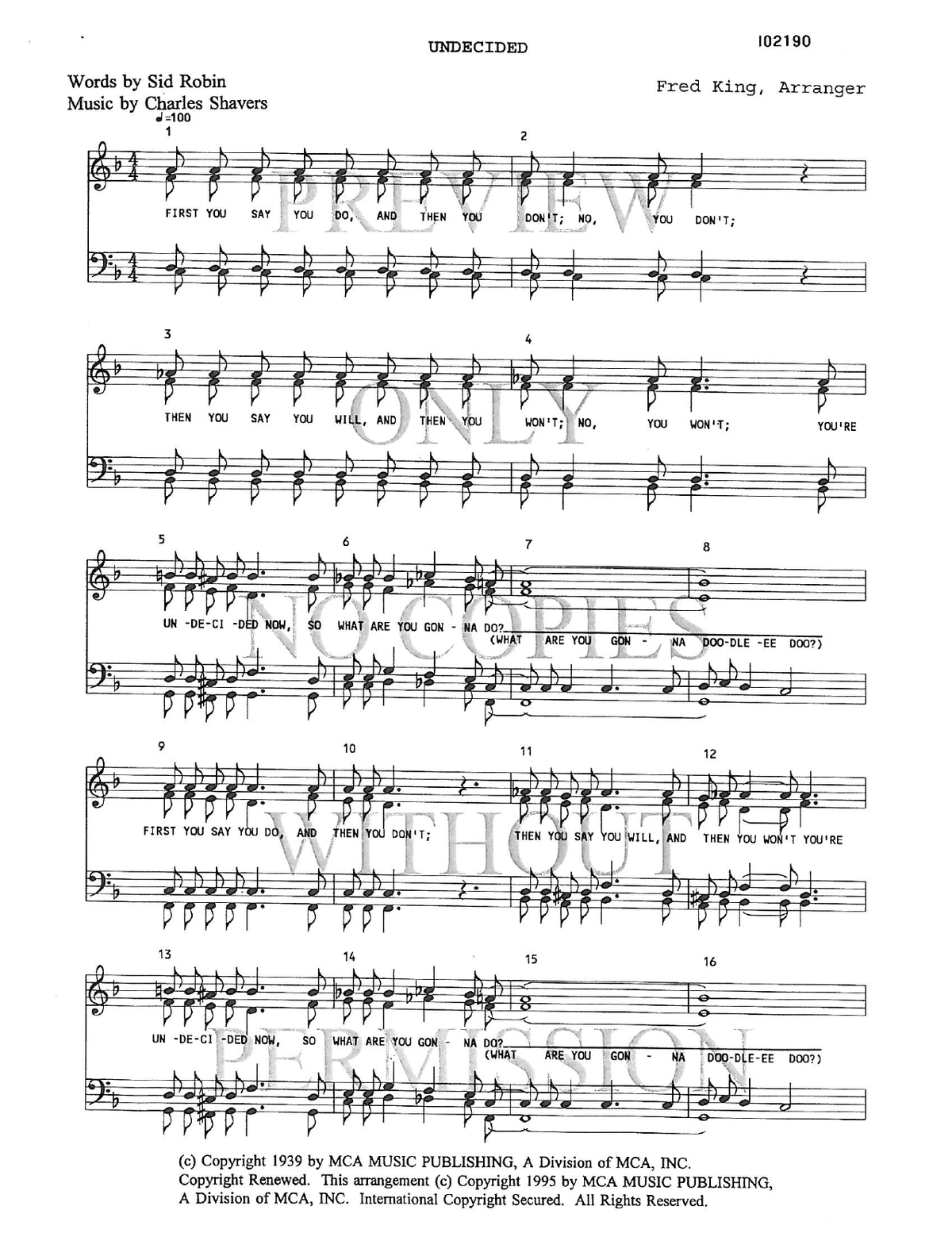 Undecided — sheet music preview, arranged by Fred King