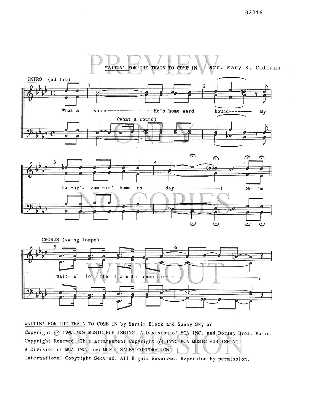 Waitin' For The Train To Come In — sheet music preview, arranged by Mary K. Coffman