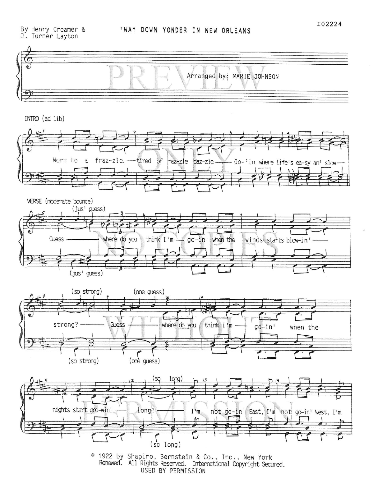 Way Down Yonder In New Orleans — sheet music preview, arranged by Marie Johnson