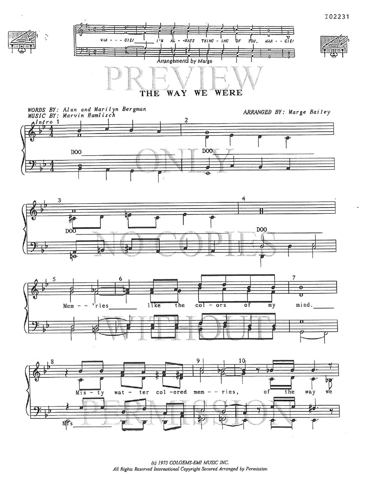 The Way We Were — sheet music preview, arranged by Marge Bailey