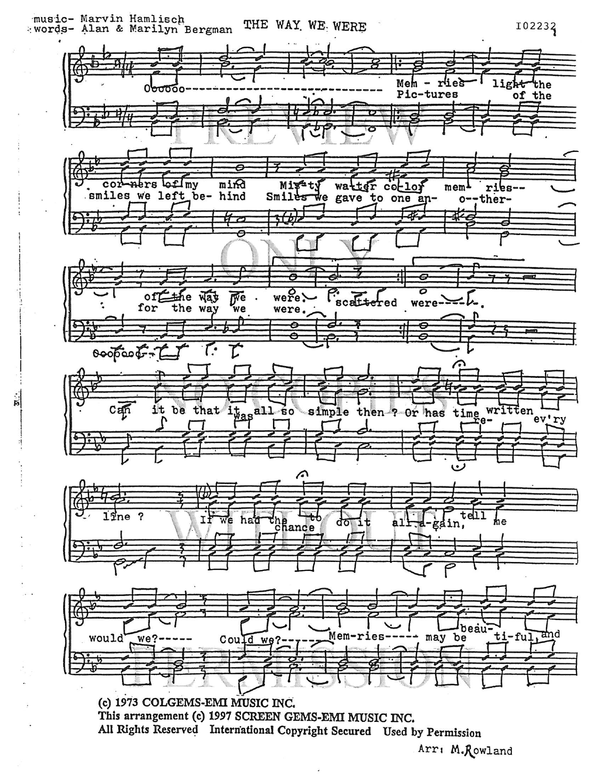 The Way We Were — sheet music preview, arranged by Molly Rowland