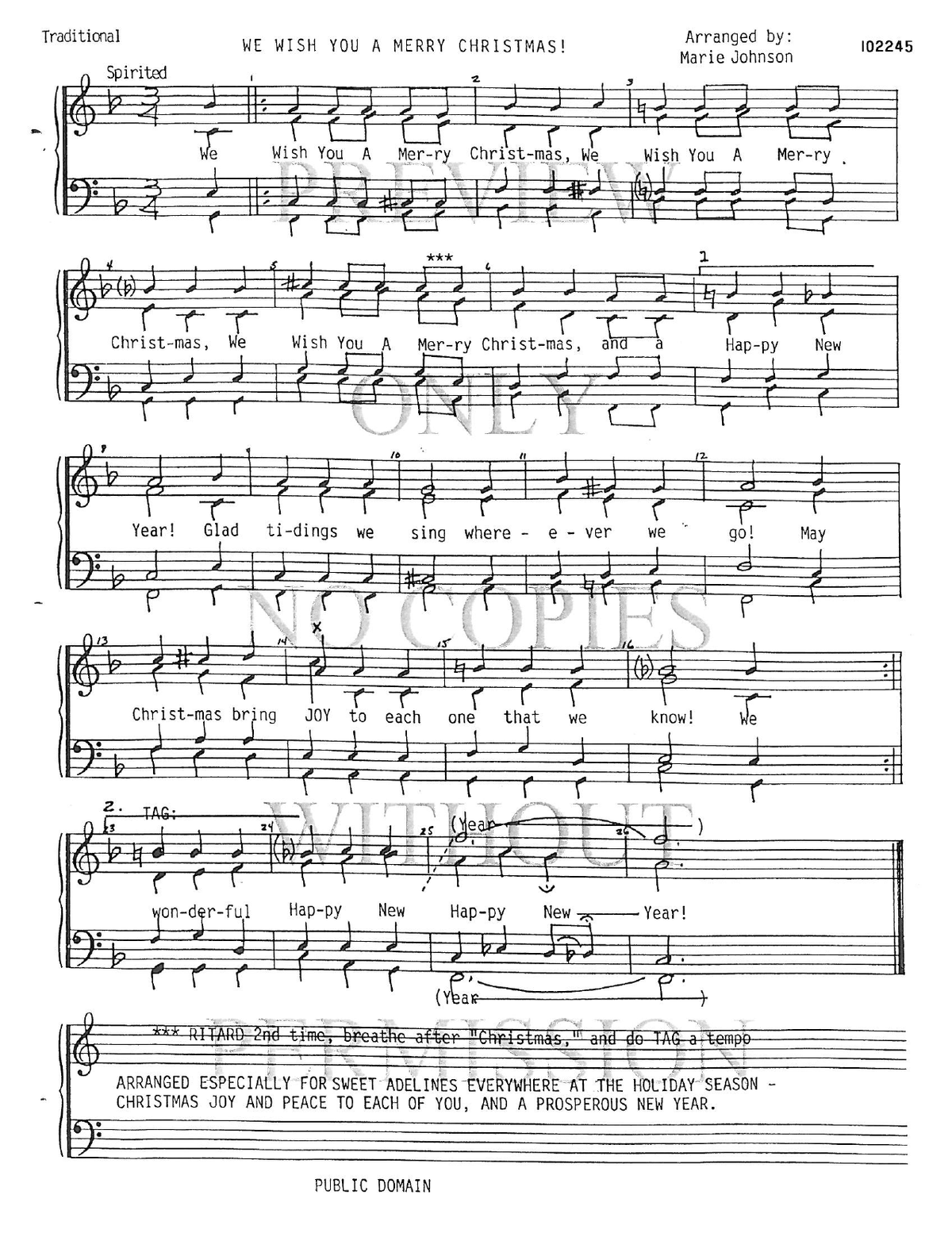 We Wish You A Merry Christmas — sheet music preview, arranged by Marie Johnson