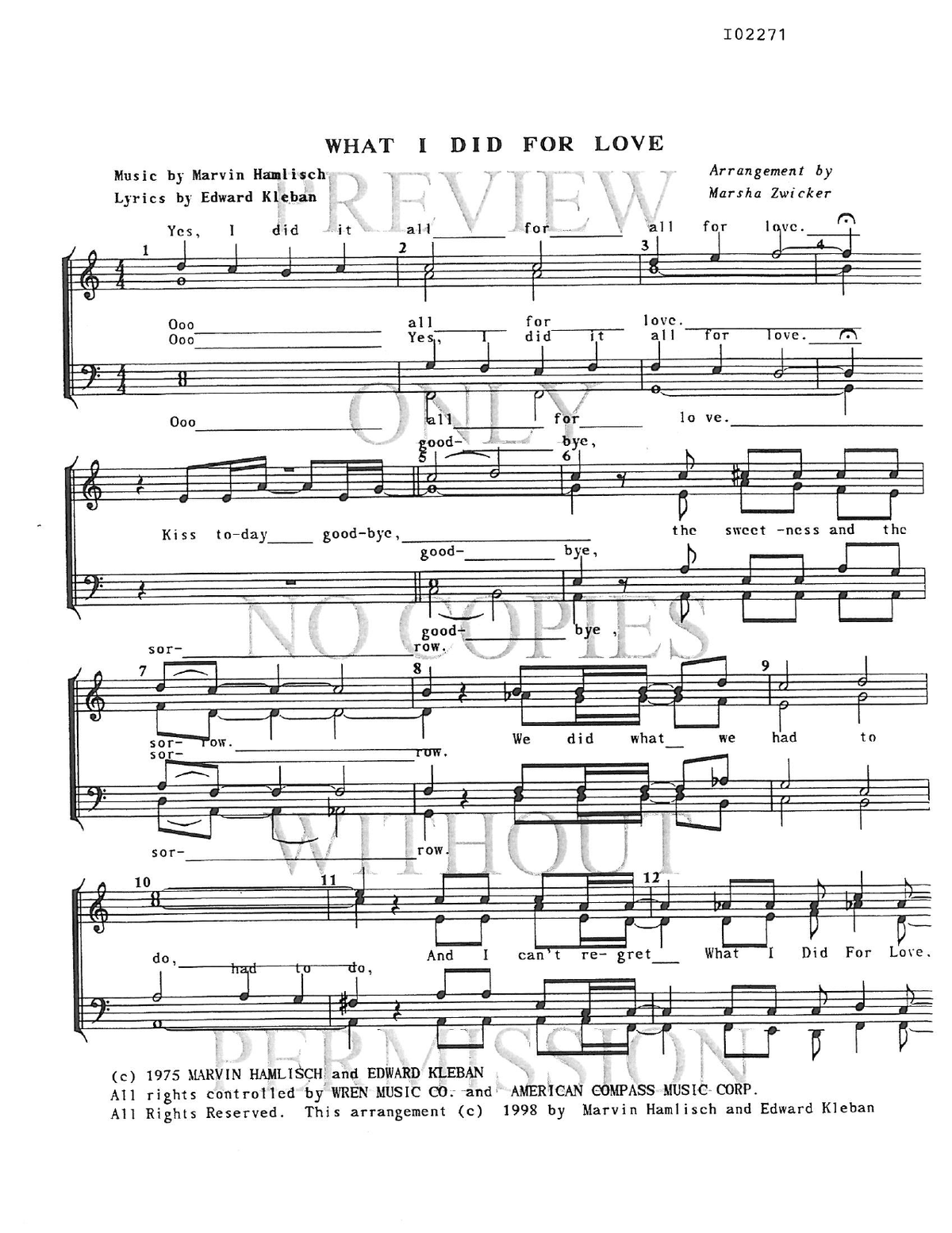 What I Did For Love — sheet music preview, arranged by Marsha Zwicker