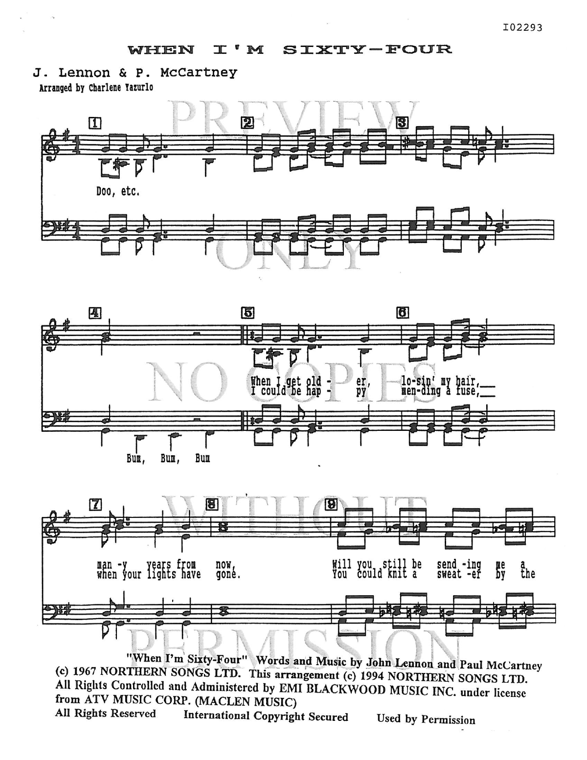 When I'm Sixty-Four — sheet music preview, arranged by Charlene Yazurlo