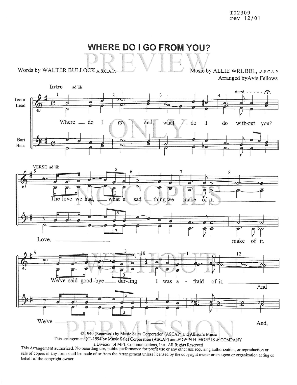 Where Do I Go From You? — sheet music preview, arranged by Avis Fellows