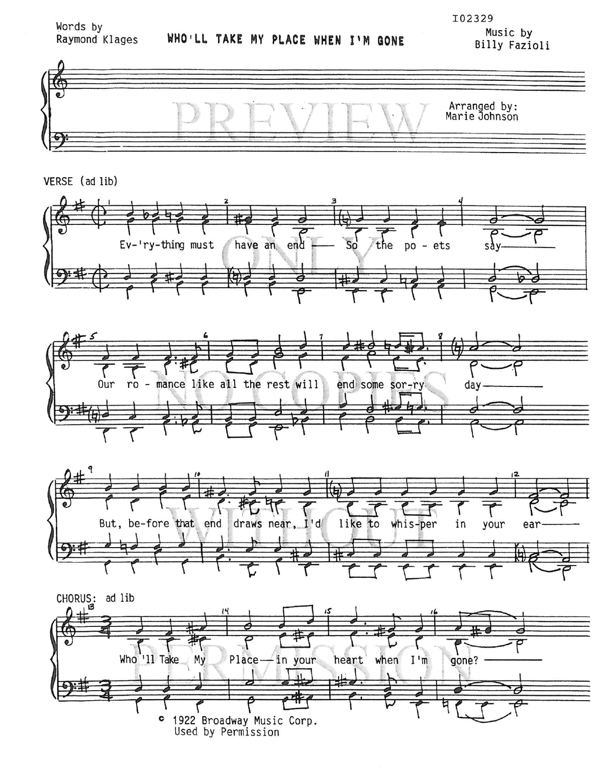 Who'll Take My Place When I'm Gone — sheet music preview, arranged by Marie Johnson