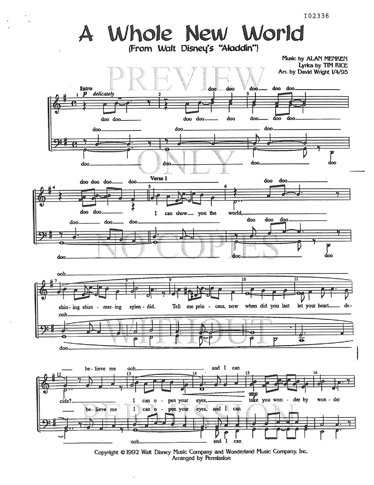 A Whole New World — sheet music preview, arranged by David Wright