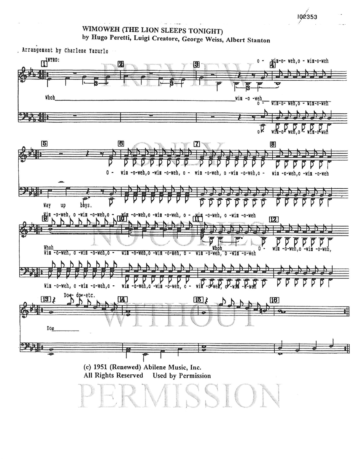 Wimoweh (The Lion Sleeps Tonight) — sheet music preview, arranged by Charlene Yazurlo