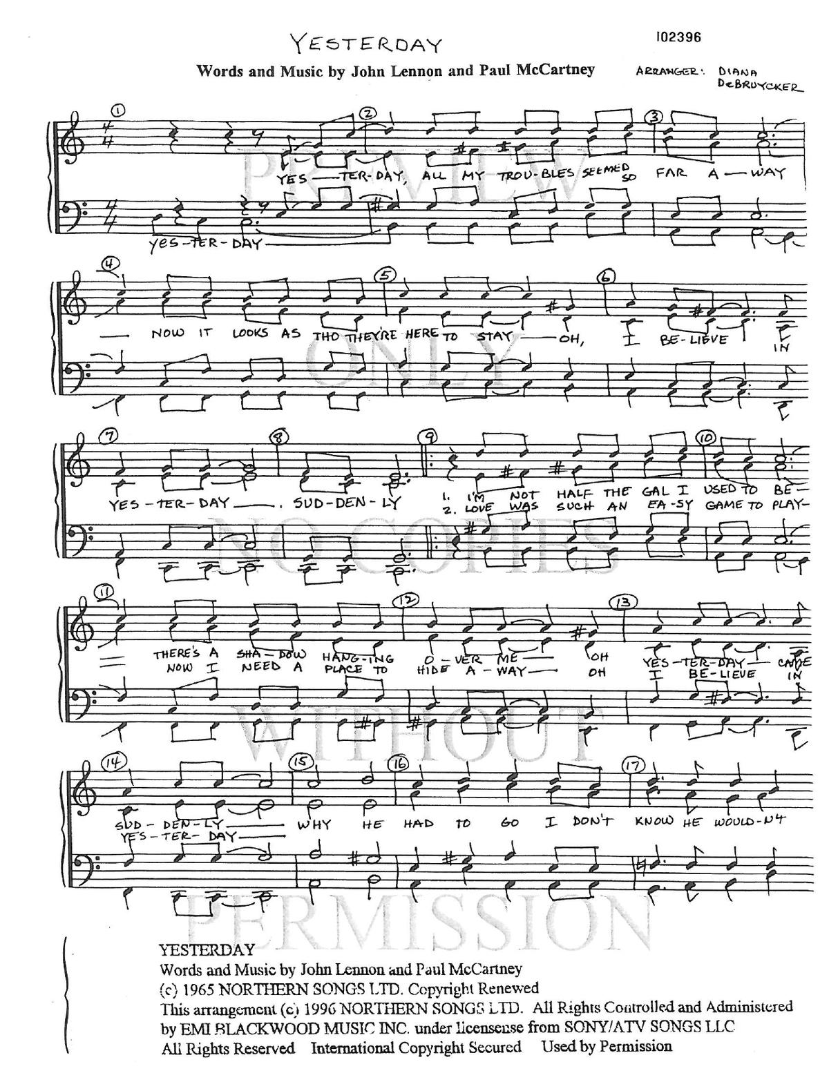 Yesterday — sheet music preview, arranged by Diana DeBruycker