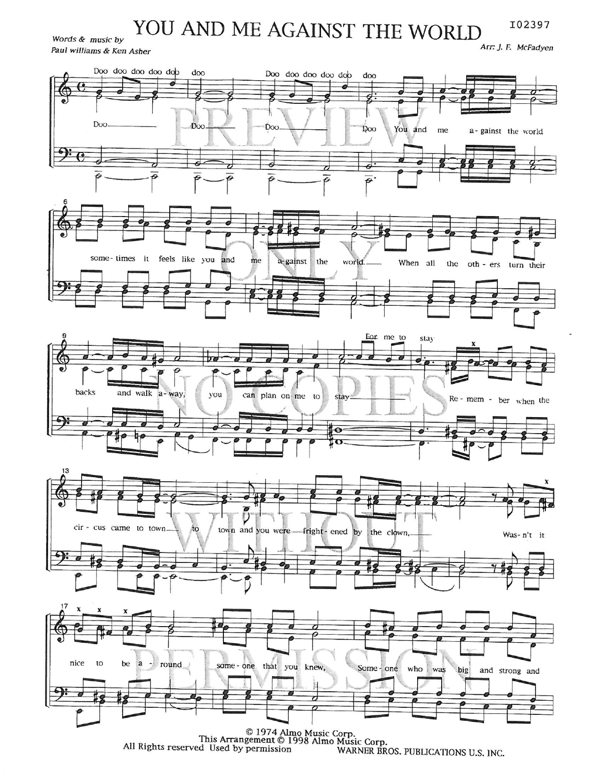 You And Me Against The World — sheet music preview, arranged by Jean McFadyen