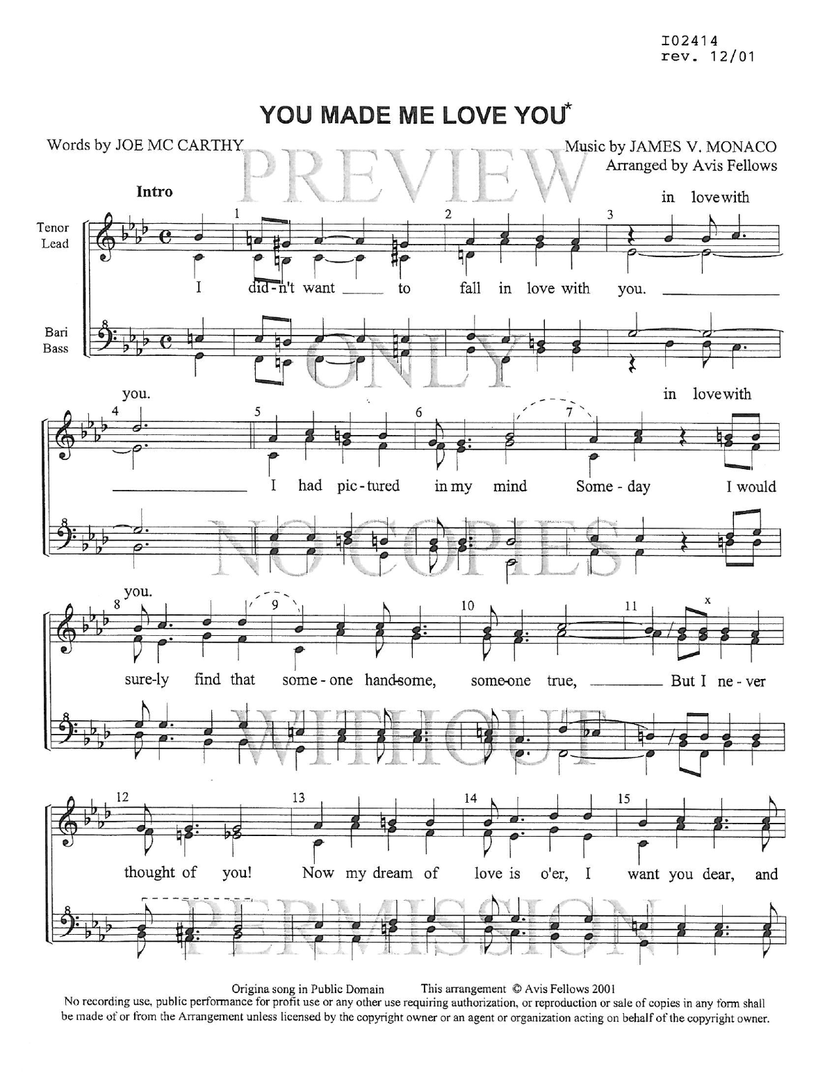 You Made Me Love You — sheet music preview, arranged by Avis Fellows