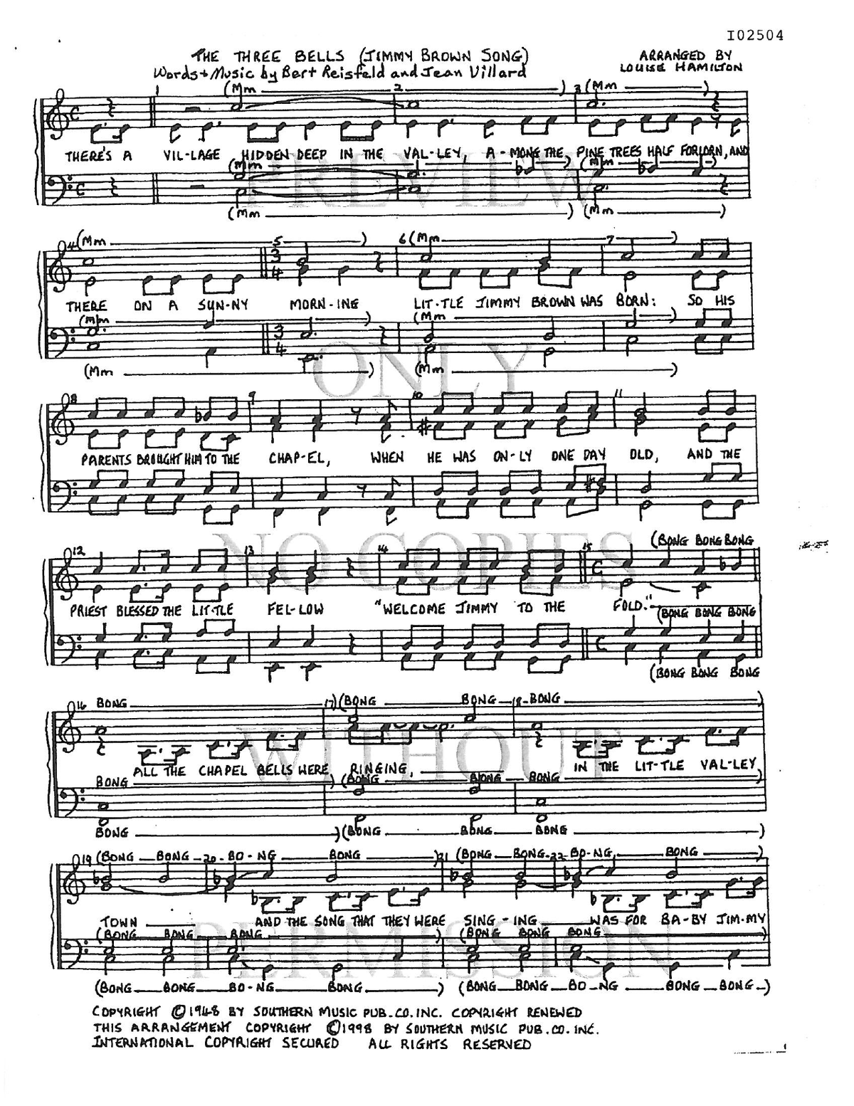 The Three Bells (The Jimmy Brown Song) — sheet music preview, arranged by Louise Hamilton