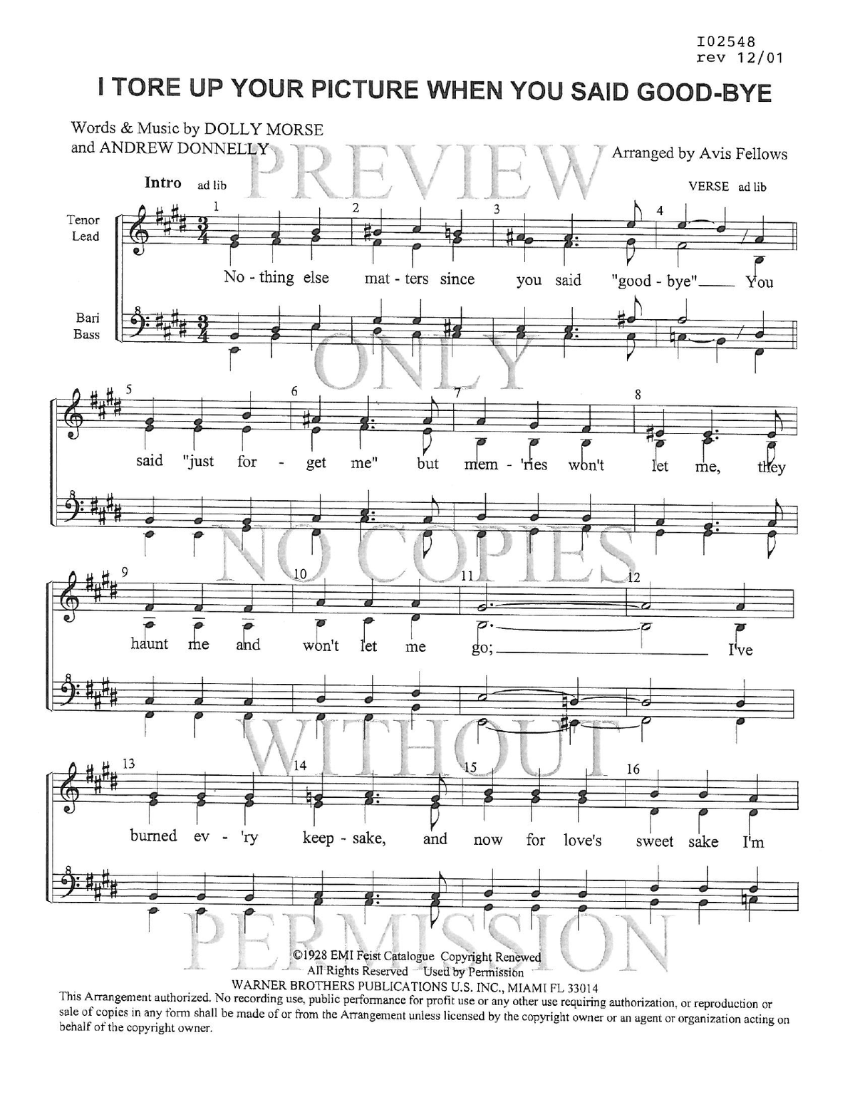 I Tore Up Your Picture When You Said Goodbye — sheet music preview, arranged by Avis Fellows