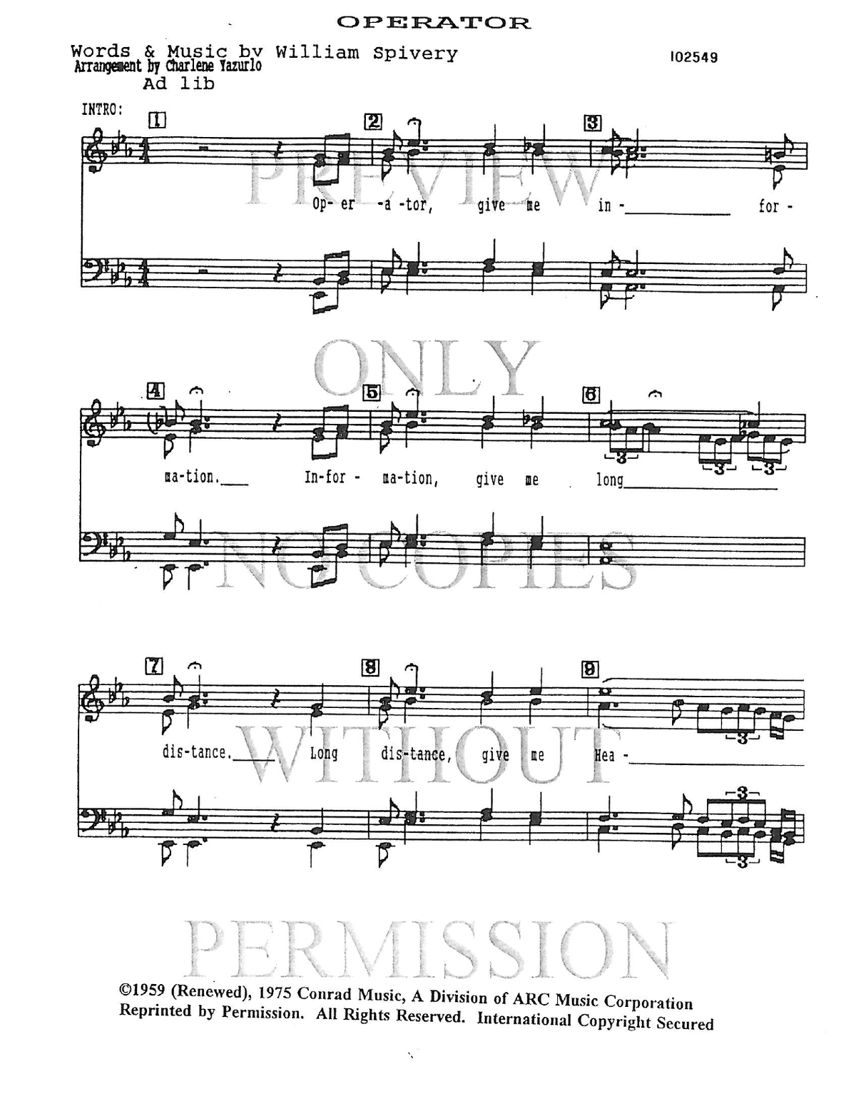 Operator — sheet music preview, arranged by Charlene Yazurlo