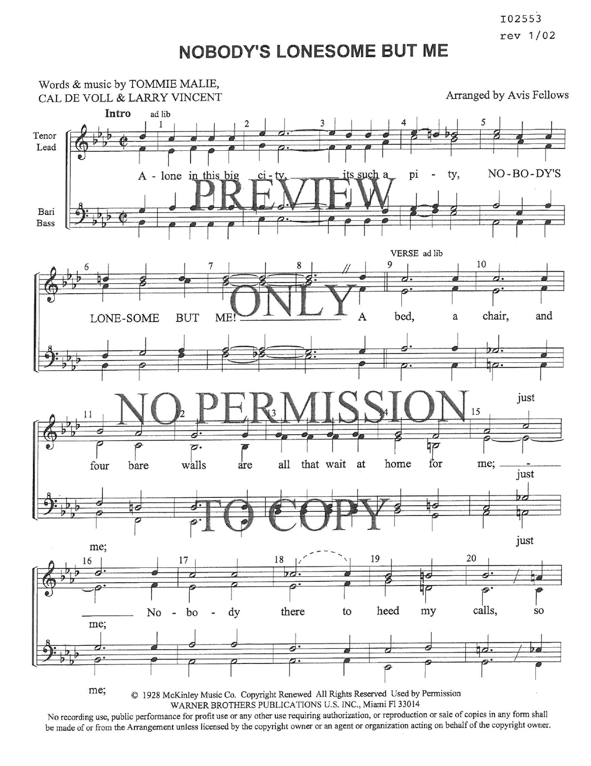 Nobody's Lonesome But Me — sheet music preview, arranged by Avis Fellows