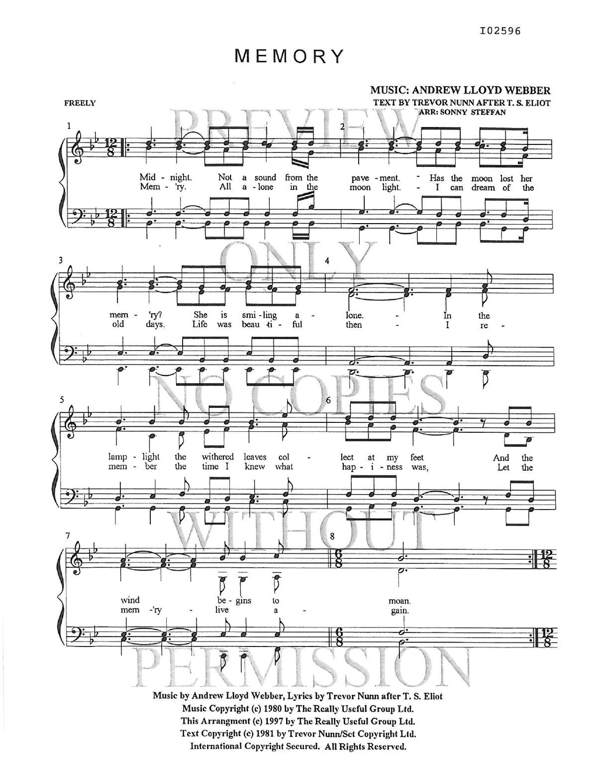 Memory — sheet music preview, arranged by Sonny Steffan
