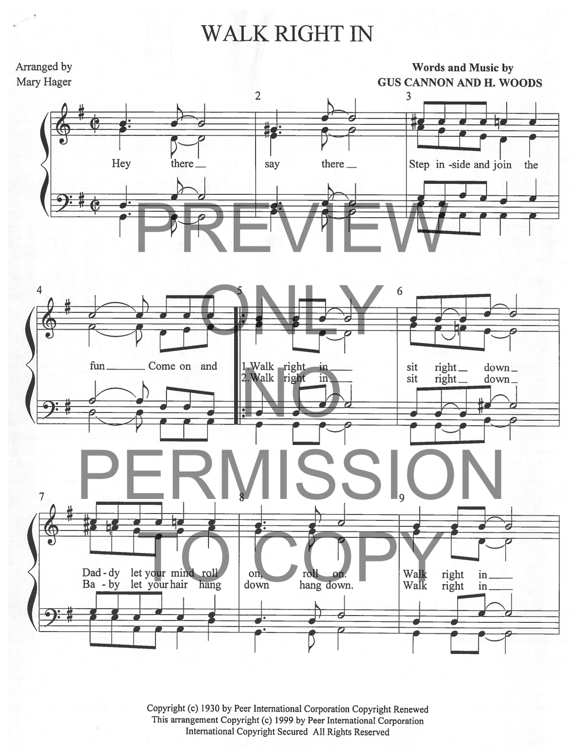 Walk Right In — sheet music preview, arranged by Mary Hager