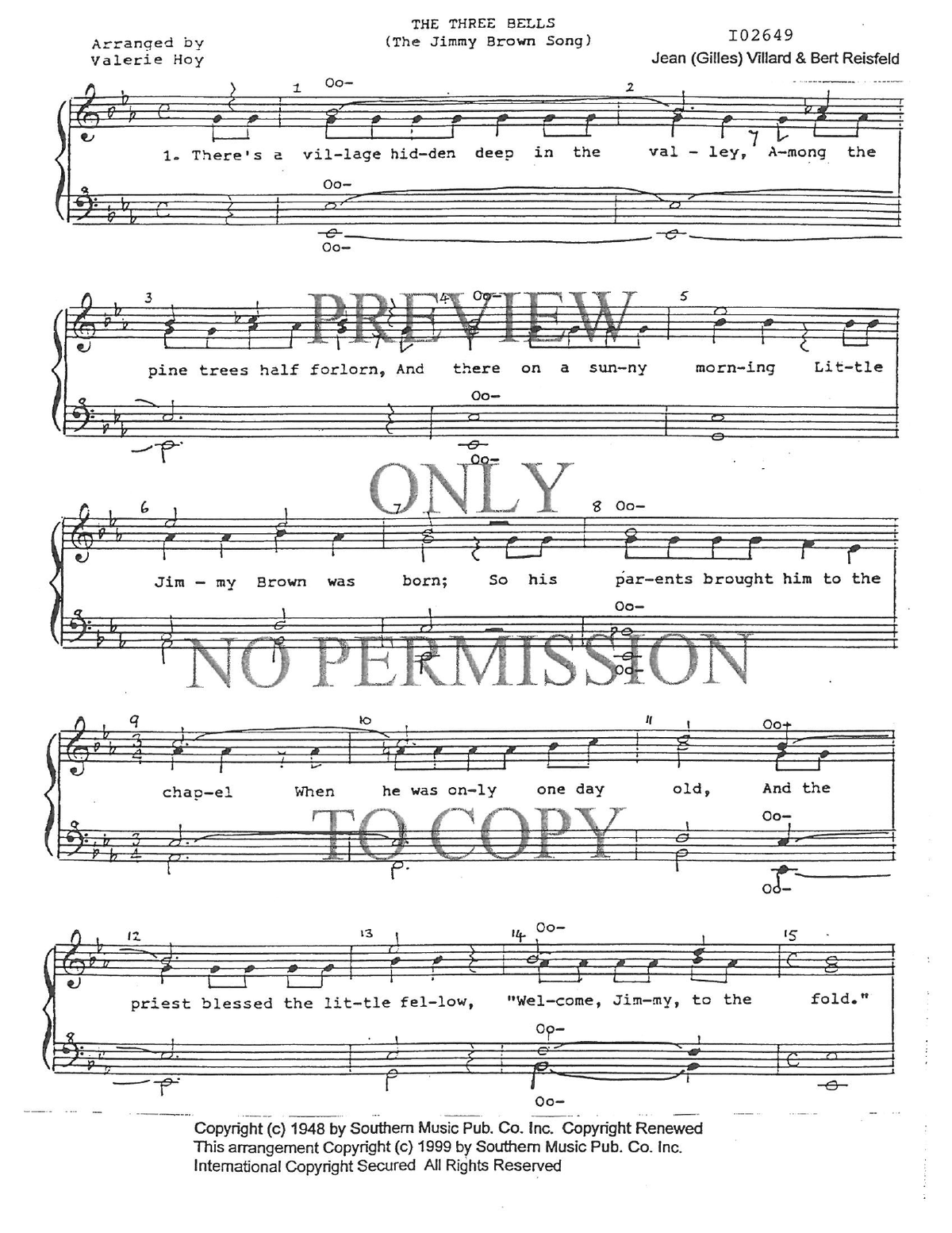 The Three Bells (The Jimmy Brown Song) — sheet music preview, arranged by Valerie Hoy