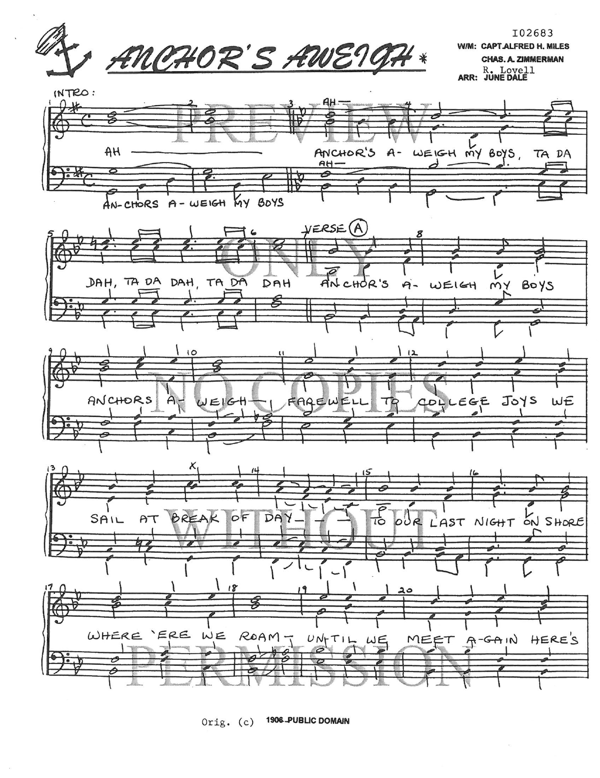 Anchors Aweigh — sheet music preview, arranged by June Dale