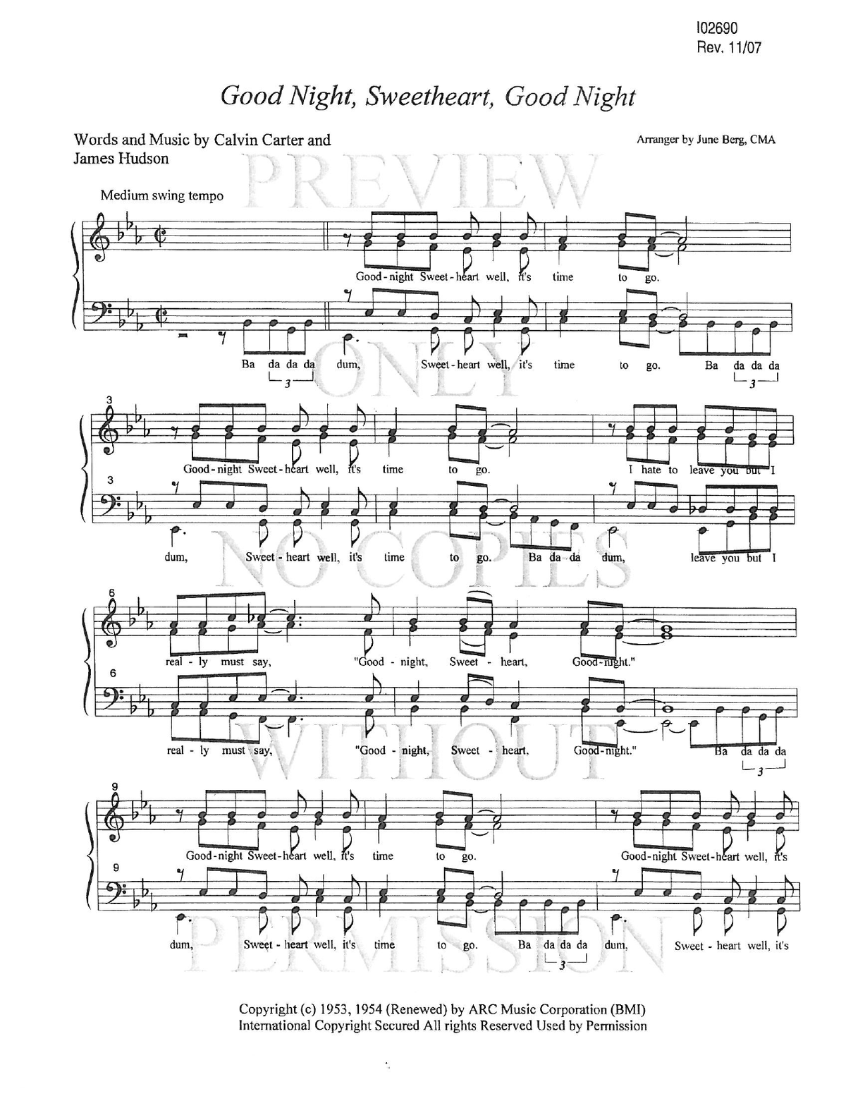 Goodnight, Sweetheart, Goodnight — sheet music preview, arranged by June Berg